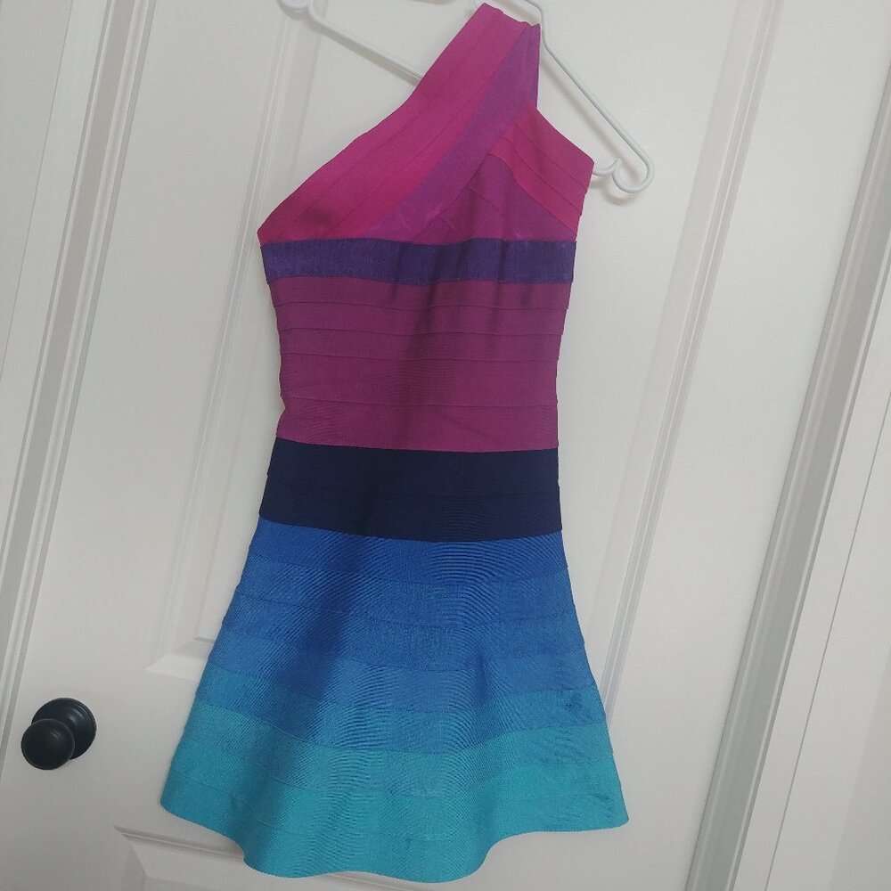 Y2K Rainbow bandage style fit flare one shoulder pink blue mini dress st…